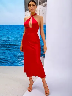 Bettina Red Satin Halter Cocktail Midi Dress