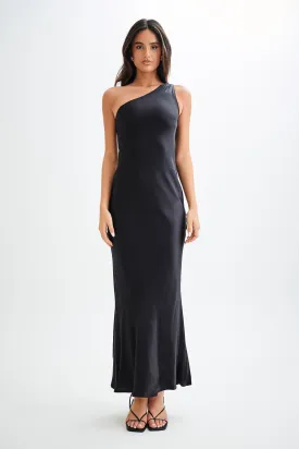 Camille One Shoulder Satin Maxi Dress - Black