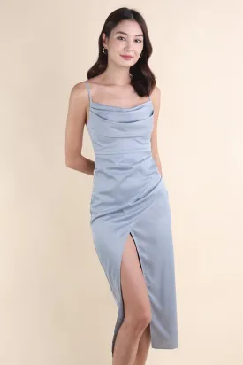 CASSI COWL NECK SATIN MIDAXI IN ICE BLUE