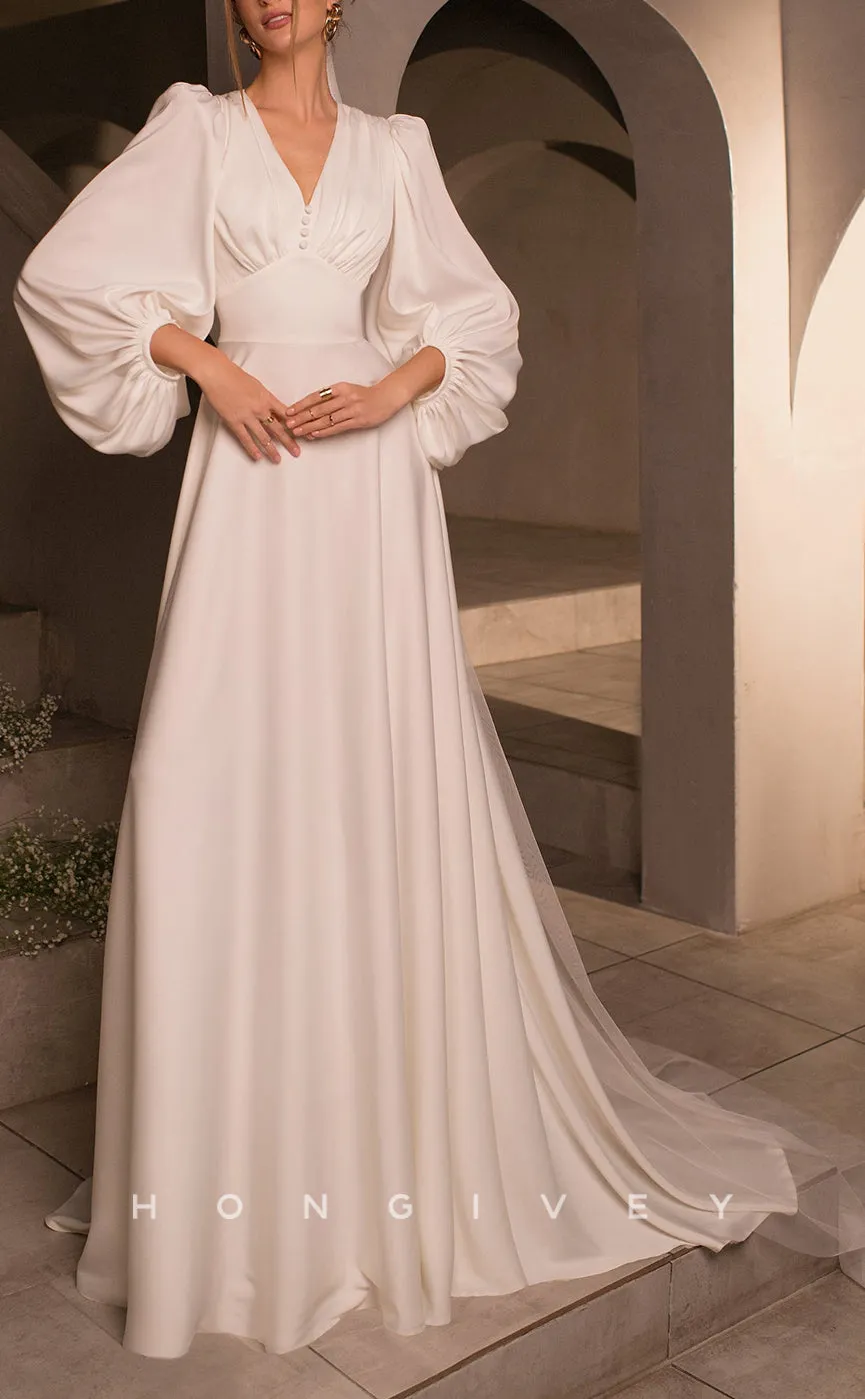 H1060 - Simple & Casual Satin V-neck Long Sleeves Ruched With Veil Wedding Dress