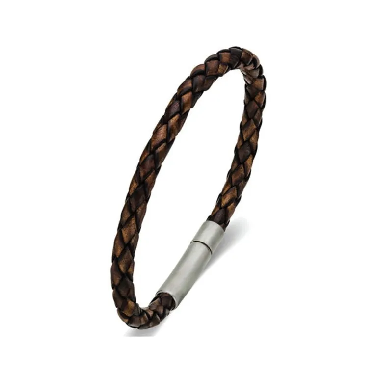 Leather & Stainless Steel Men's Bracelet - Thin Brown Braid Various