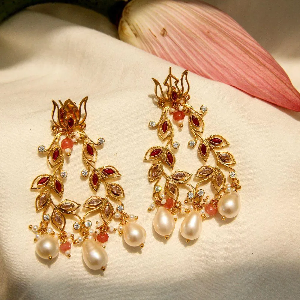 Lotus Gold Plated Pearl Earrings