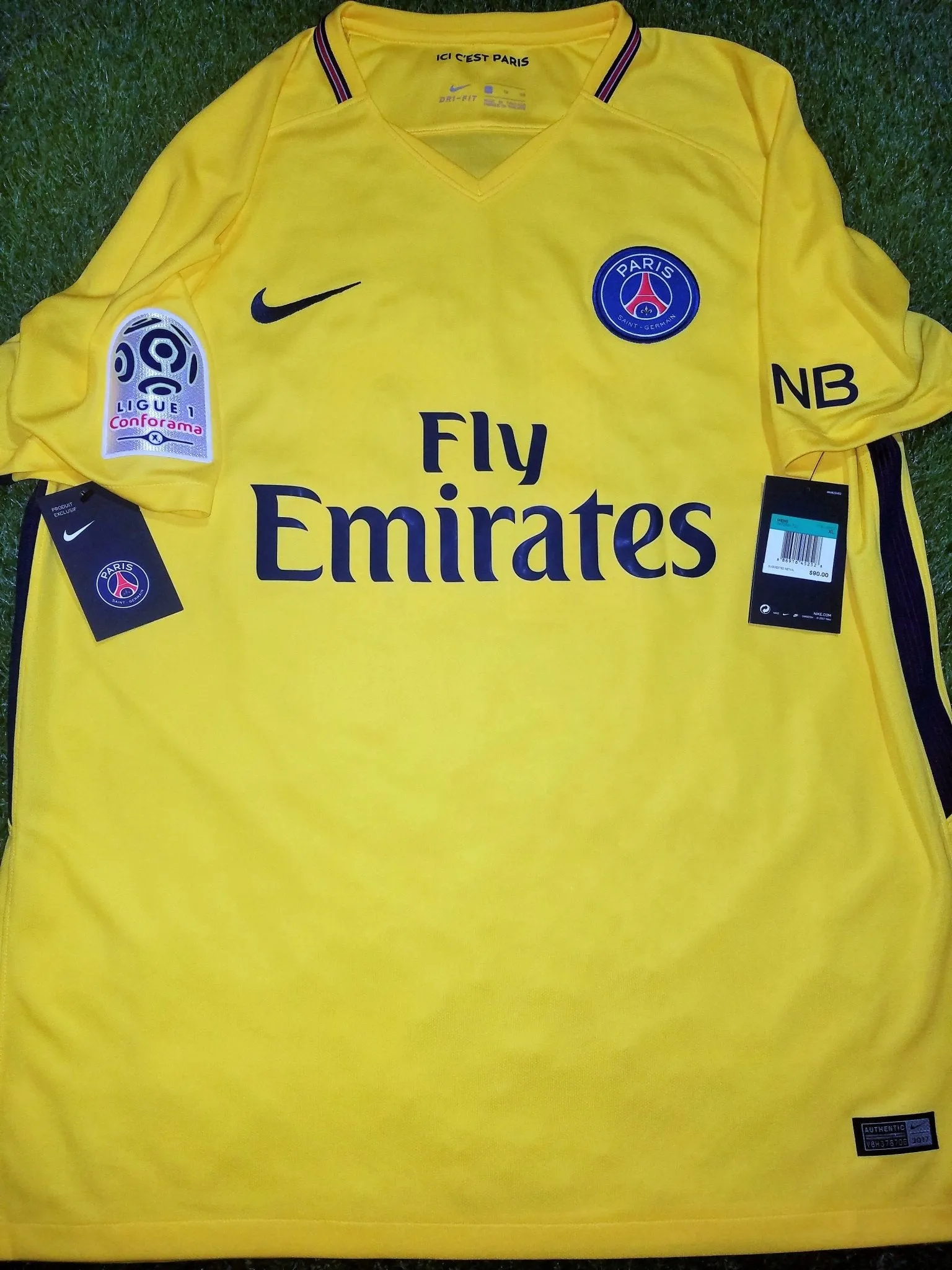 Neymar PSG Paris Saint Germain DEBUT SEASON 2017 2018 Yellow Away Jersey Shirt Maillot BNWT XL SKU# 847268-720