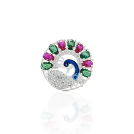 Silver "Divine Love of Krishna " Colorful Peacock Ring