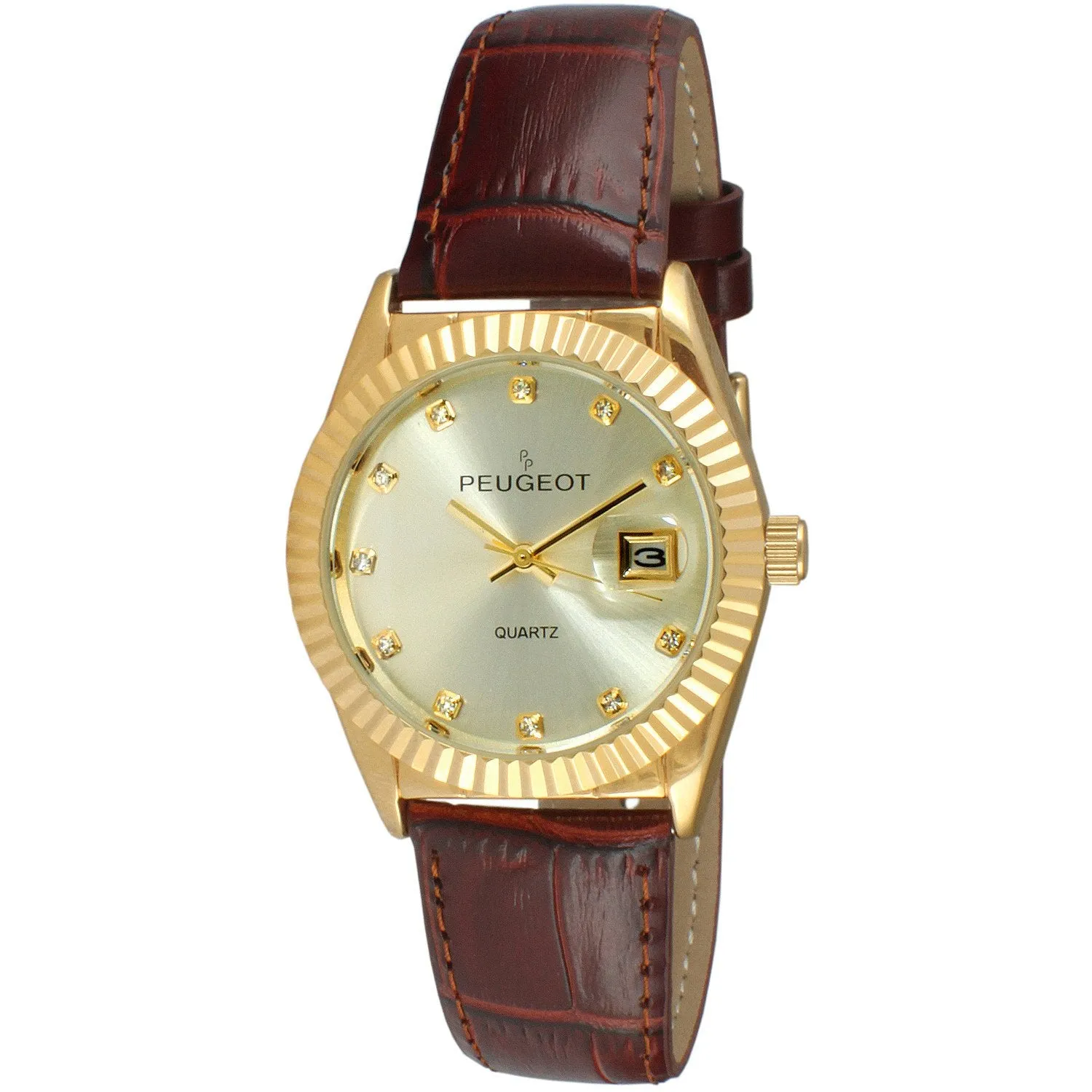 Women 36mm Brown Fluted Bezel Watch with Leather Strap