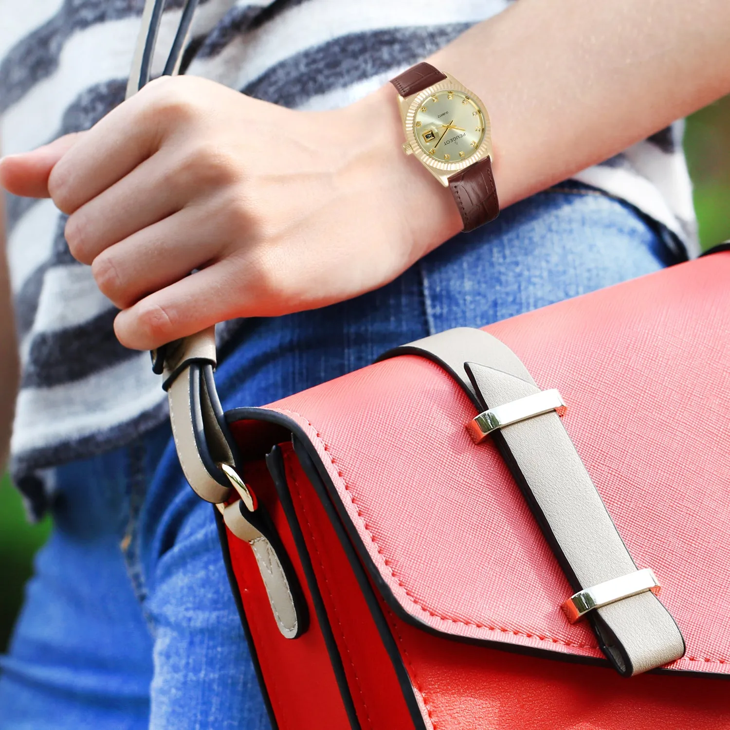 Women 36mm Brown Fluted Bezel Watch with Leather Strap