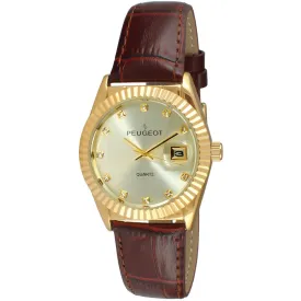 Women 36mm Brown Fluted Bezel Watch with Leather Strap