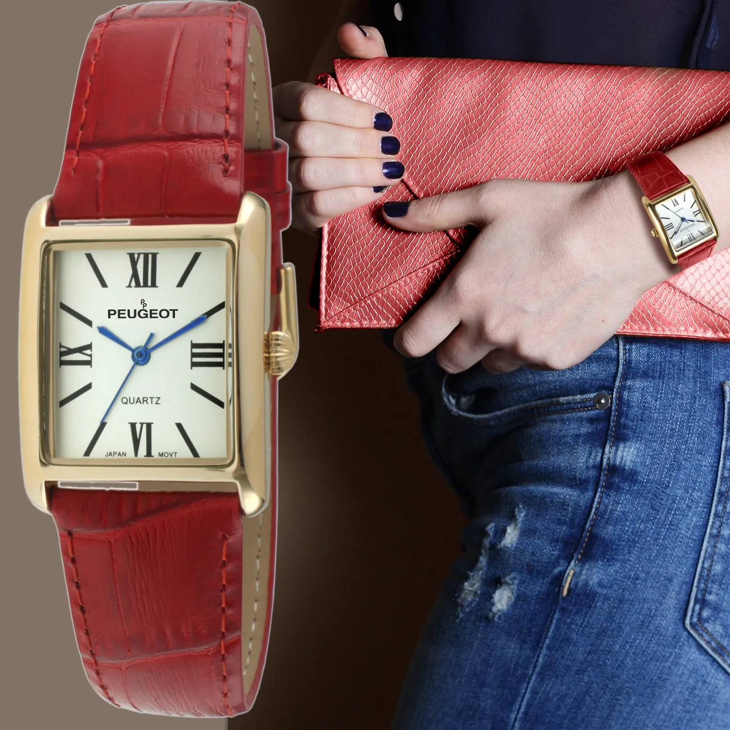 Women's Tank Watch Roman Dial Red Leather Strap